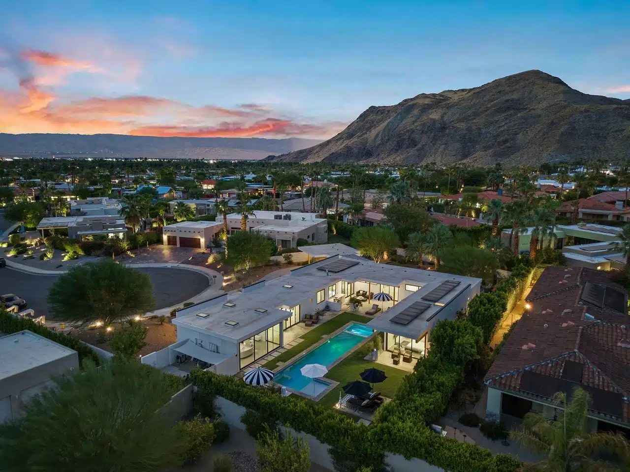 Twilight aerial of the 180 House, a Lindal home in Palm Springs